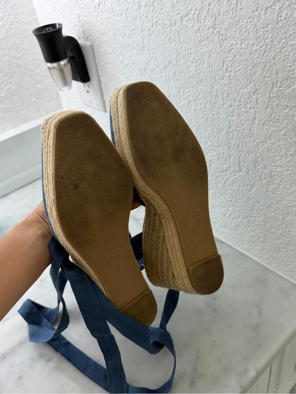 Zara Denim Blue Espadrille Wedges with Ankle Wraps